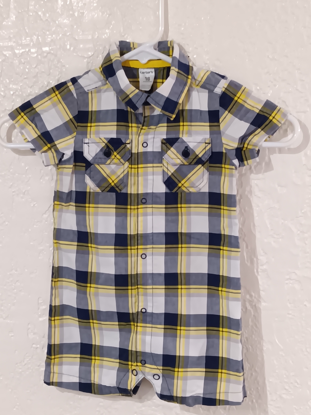 Carter's Yellow, Navy & White Plaid Short-Sleeve Button Romper 18 Months